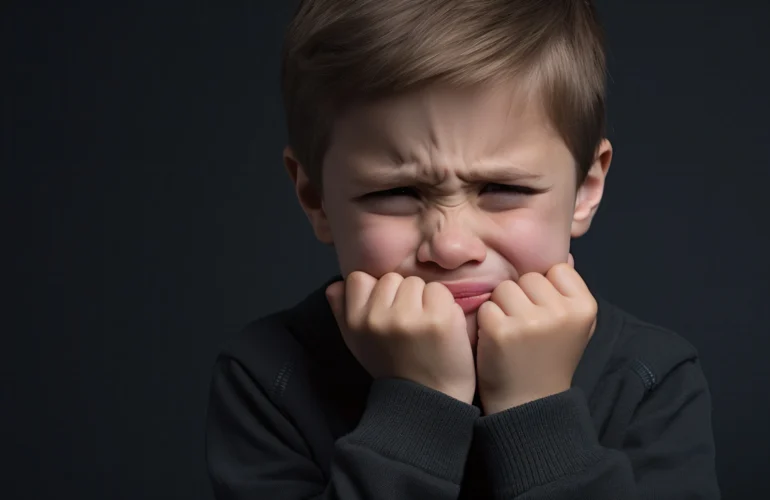 Niño preocupado sosteniendo su boca en gesto de dolor, posible señal de problemas dentales
