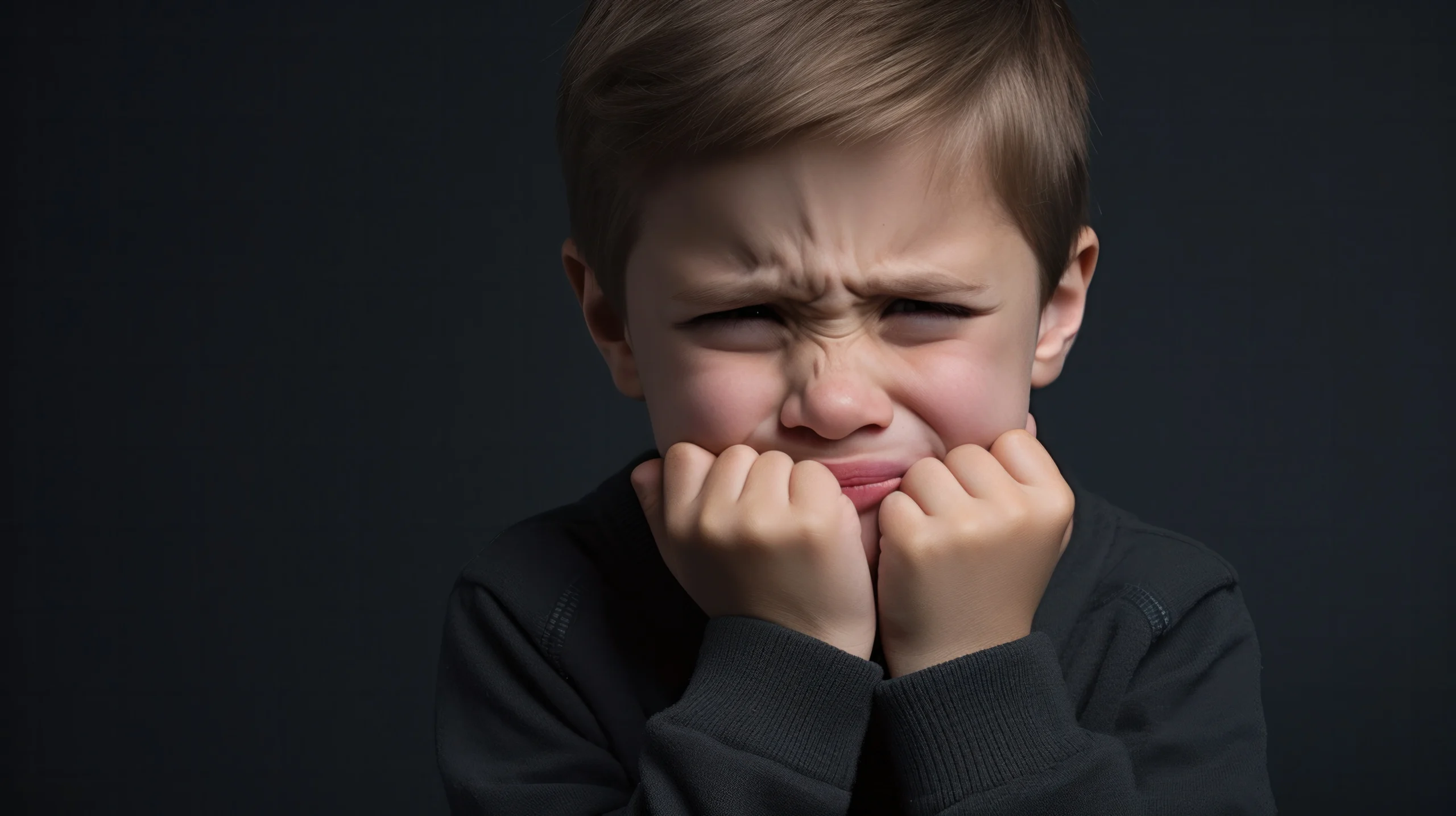 Niño preocupado sosteniendo su boca en gesto de dolor, posible señal de problemas dentales
