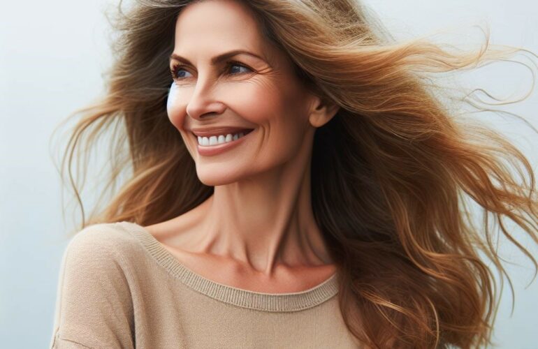 Mujer sonriente de mediana edad con cabello castaño ondeado al viento, luciendo una blusa color beige, luego de colocarse implantes dentales con la técnica sameday en la clínica dental MYM de Valladolid
