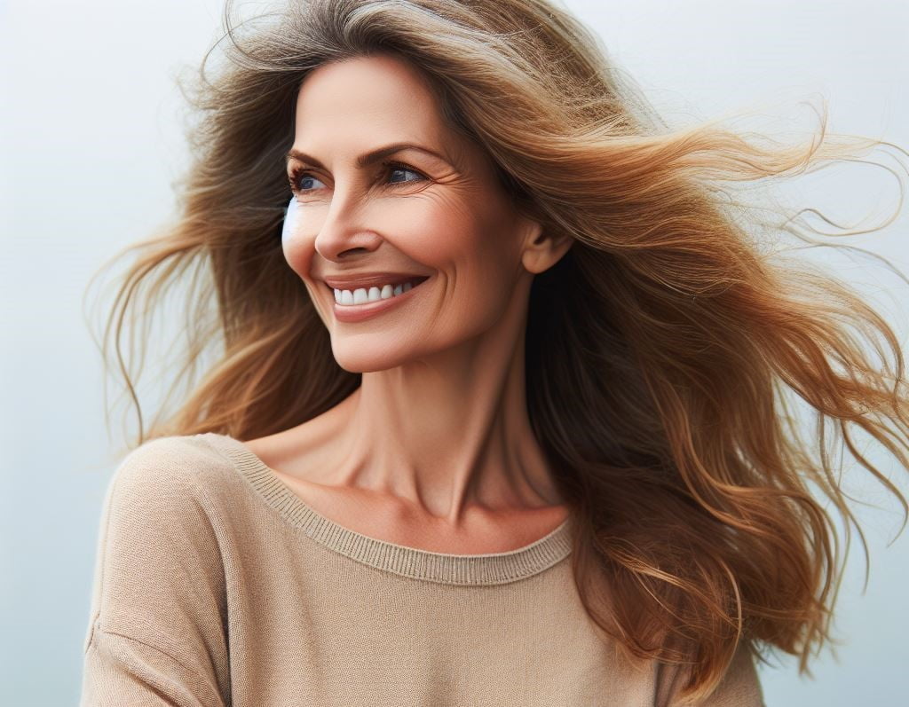 Mujer sonriente de mediana edad con cabello castaño ondeado al viento, luciendo una blusa color beige, luego de colocarse implantes dentales con la técnica sameday en la clínica dental MYM de Valladolid